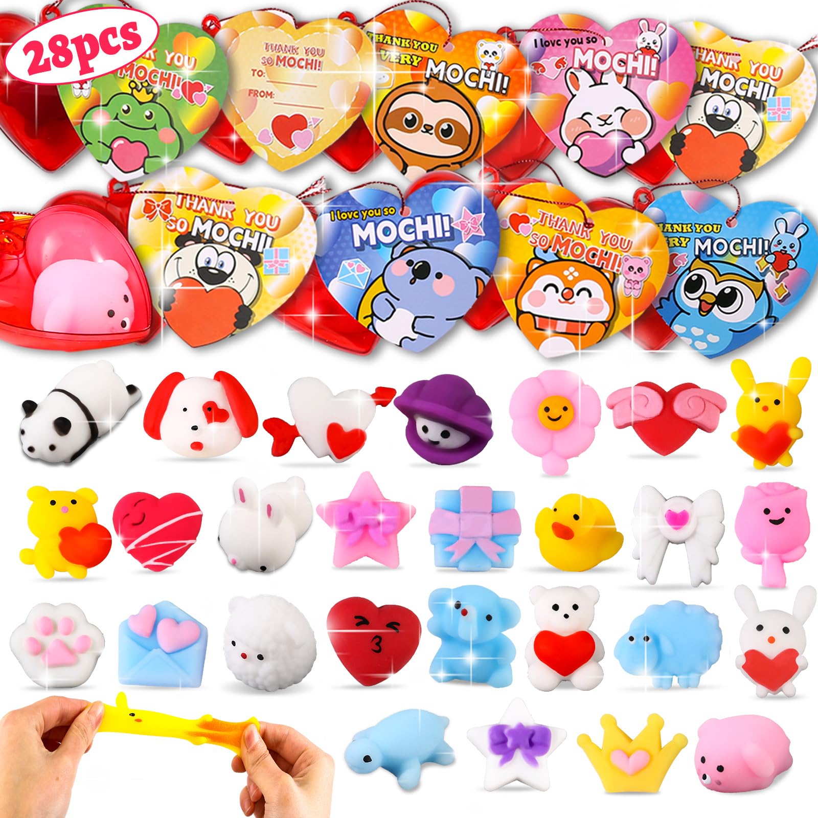 28 Pack Valentines Day Gifts for Kids  Valentine Mochi Squishy Toys Filled Hearts with Valentine Cards for Kids School Classroom Exchange Prizes Valentine Party Favor Toy Exchange Greeting Card