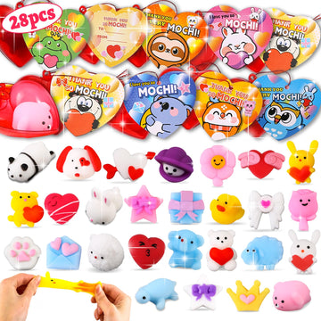 28 Pack Valentines Day Gifts for Kids  Valentine Mochi Squishy Toys Filled Hearts with Valentine Cards for Kids School Classroom Exchange Prizes Valentine Party Favor Toy Exchange Greeting Card