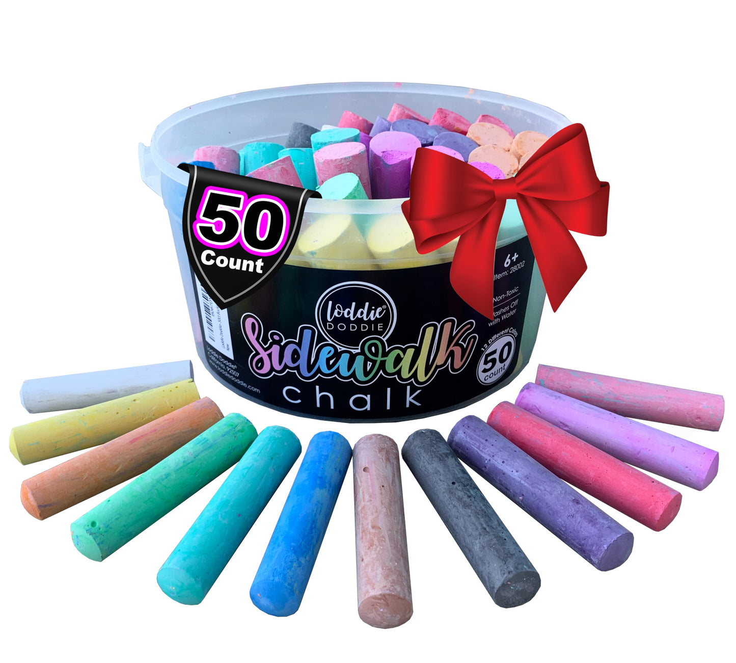 Loddie Doddie - 50ct Bucket of Sidewalk Chalk - 12 Unique Colors- Long lasting Non-Toxic Jumbo Sticks - Reusable Bucket for Hour
