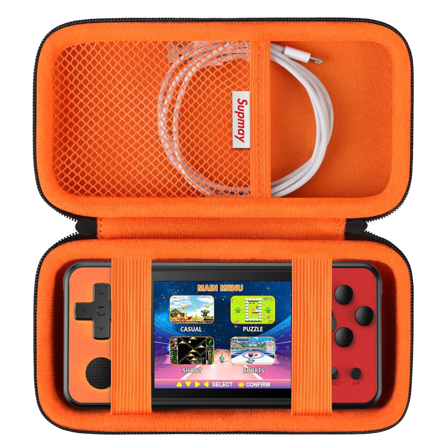 Supmay Carrying Case Compatible with KAVOYI/Beico/TEBIYOU 32 Bit Handheld Games for Kids  Portable Arcade Gaming Player Storage Holder Travel Bag with Mesh Pocket for Battery  USB Cable  Black+Orange
