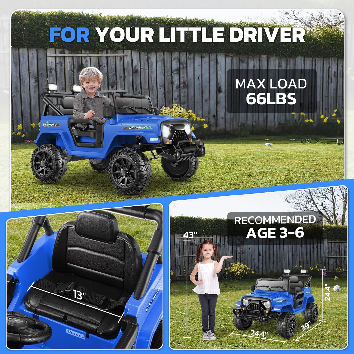 Hikole Ride On Car With Remote Control Toddler Jeeps, 12V Kids Electric Power Car Wheels With Multi-Function Dashboard, Spring Suspension, Led Lights, Battery Operated Vehicles For Boys Grils, Blue