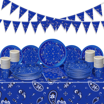123 Pcs Western Cowboy Party Decoration Include 1 Plastic Paisley Print Tablecloth 2 Bandana Pennant Banner 60 Disposable Paper