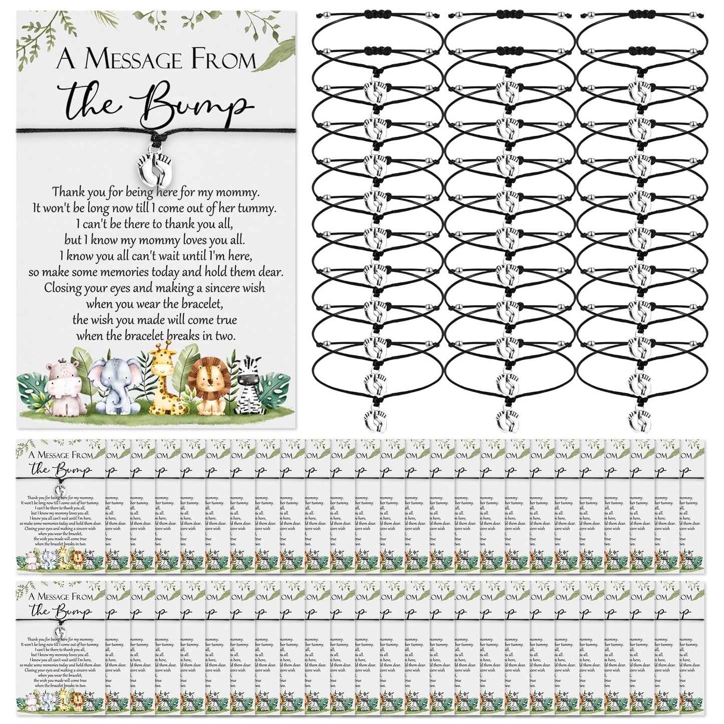 Thyle 50 Sets Baby Shower Favors For Guests 50 Adjustable Bracelets With 50 Message From The Bump Card Footprints Charm Baby Sho