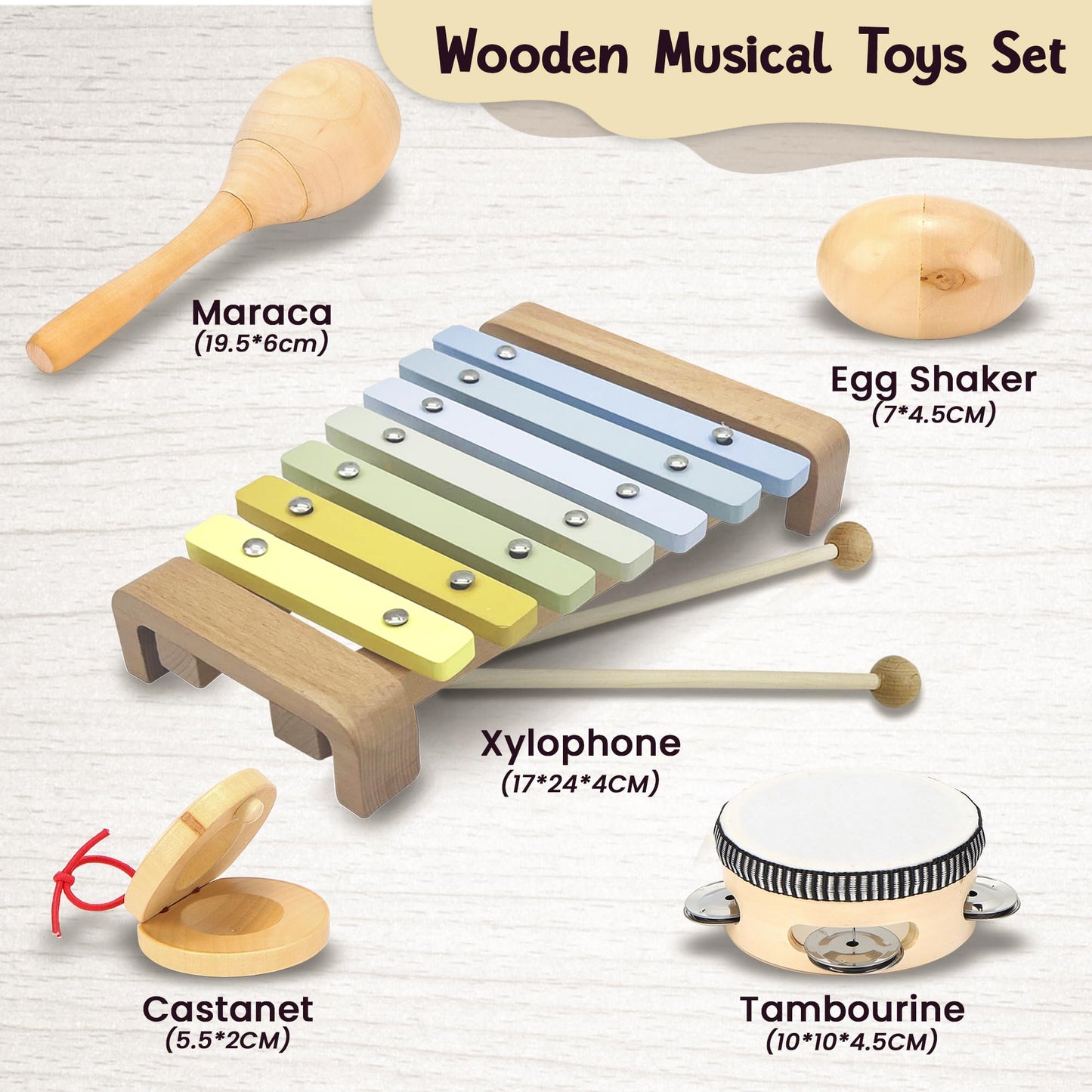 Natural Wooden Toddler Musical Instruments - Montessori Musical Instruments For Toddlers 1-3 Grades – Colorful Kids Xylophone Tambourine Maracas Shaker Egg Castanet Baby Musical Instruments