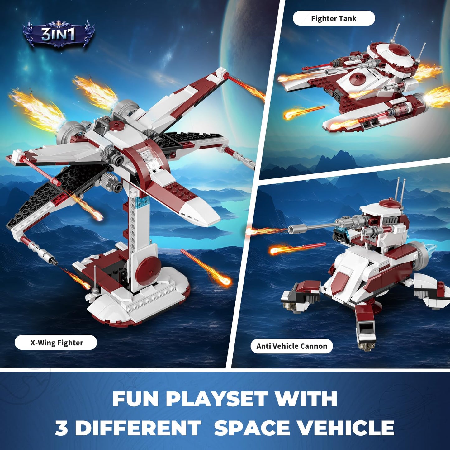 QLT 3 in 1 Space Wars Building Set - X-Wing Fighter, Republic Tank, AV-7 Cannon, Plastic, Model YC329, Compatible with Lego, Ages 6+