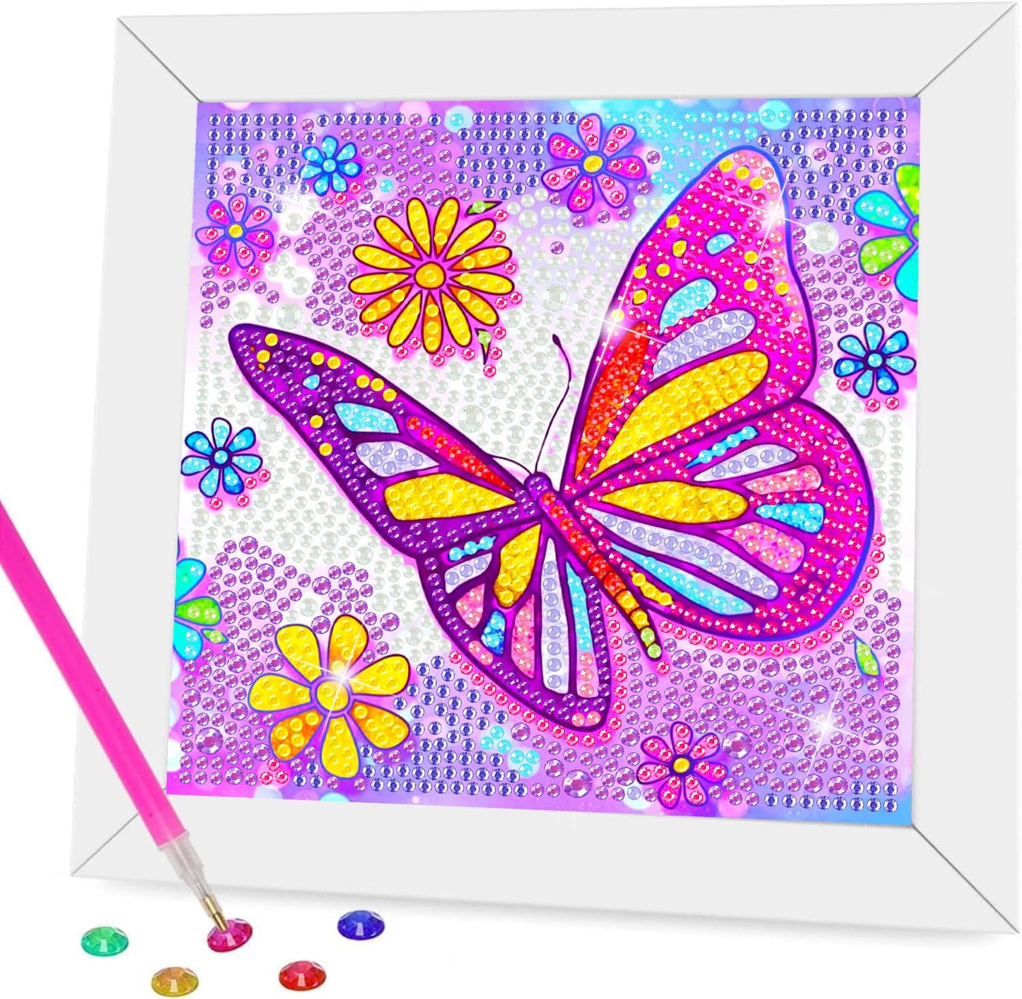igoodom Butterfly Diamond Art Kits for Kids with Frame, Butterfly Small Diamond Painting Kit, DIY Big Gem Art and Crafts for Kid