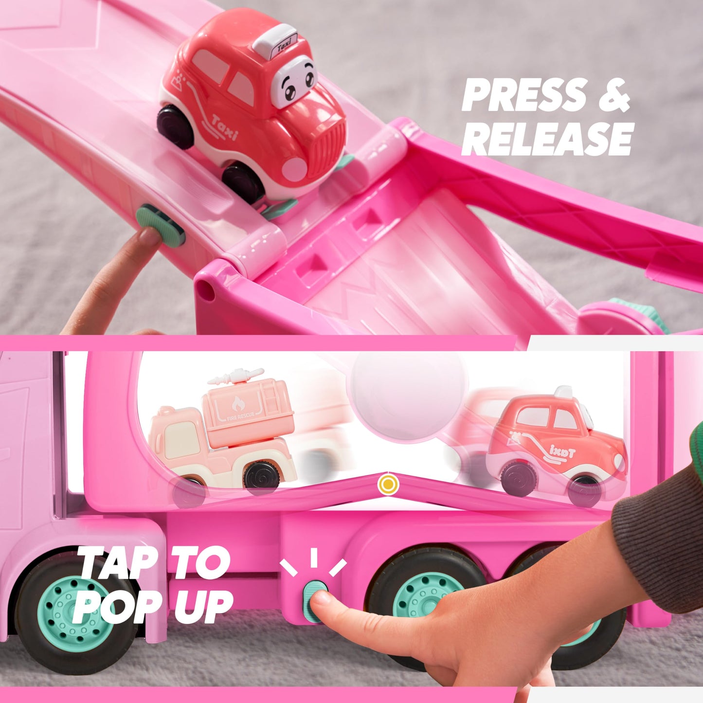 VROOMIX 3-Layer Extra Large Princess Pink Truck Toys for Girls, 7-in-1 Big Transport Vehicle Carrier Truck with Directional Trac