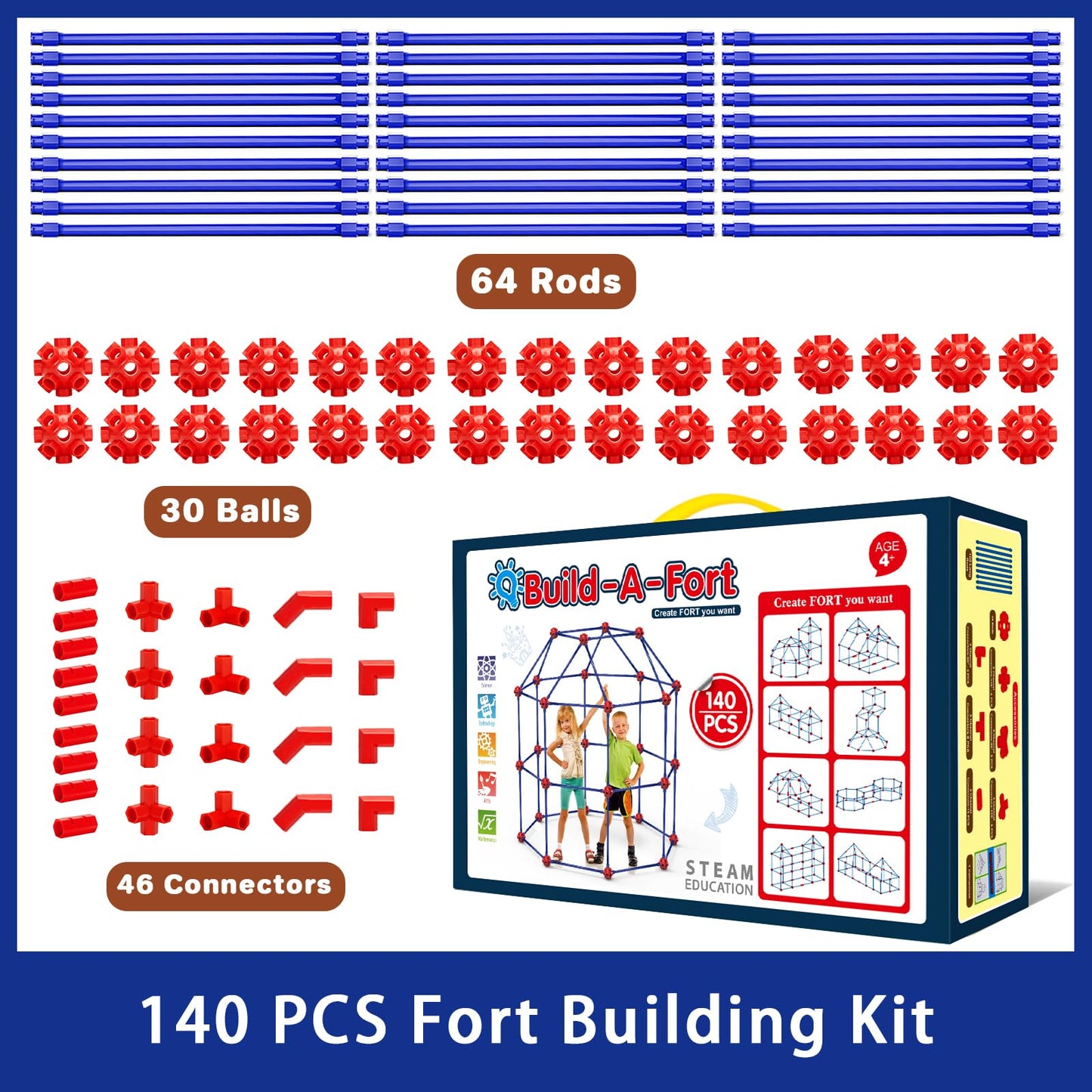 V-Opitos Fort Building Kits For Kids, 140 Pcs Stem Construction Toys, Christmas, Birthday Gifts For 4, 5, 6, 7, 8, 9, 10, 11, 12 Years Old Boys & Girls, Indoor & Outdoor Play Tent Activity