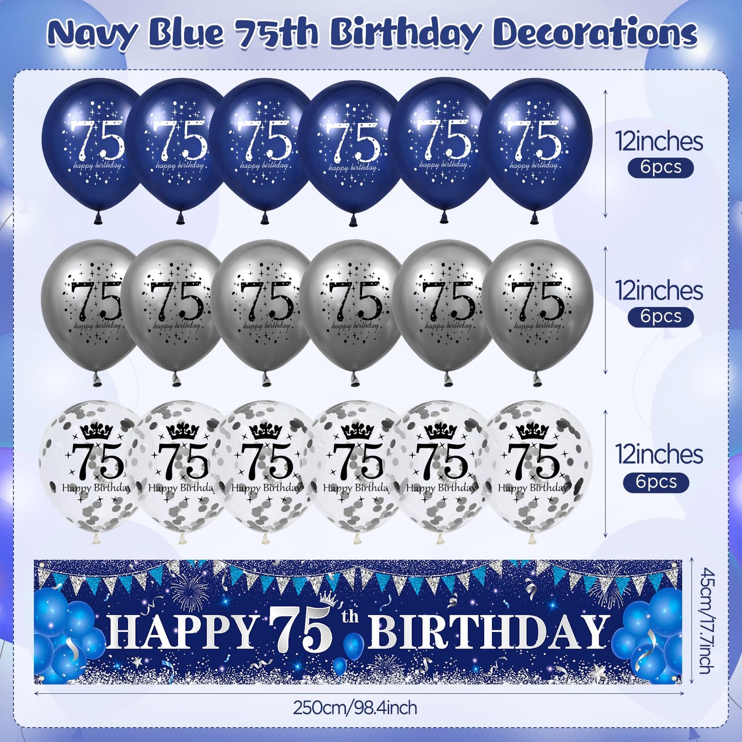Rumia Blue 75Th Birthday Decorations For Men Women, Navy Blue Silver Happy 75Th Birthday Yard Banner, Blue 75Th Birthday Balloons For 75Th Birthday Anniversary Party Decorations Supplies (A9143)