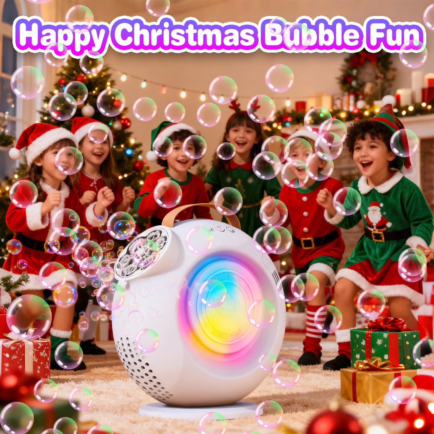 Bubble Machine, Automatic Bubble Maker Rechargeable, 15000+ Big Bubbles per Min, Colorful LED Lights, 90 360 Rotatable Portable