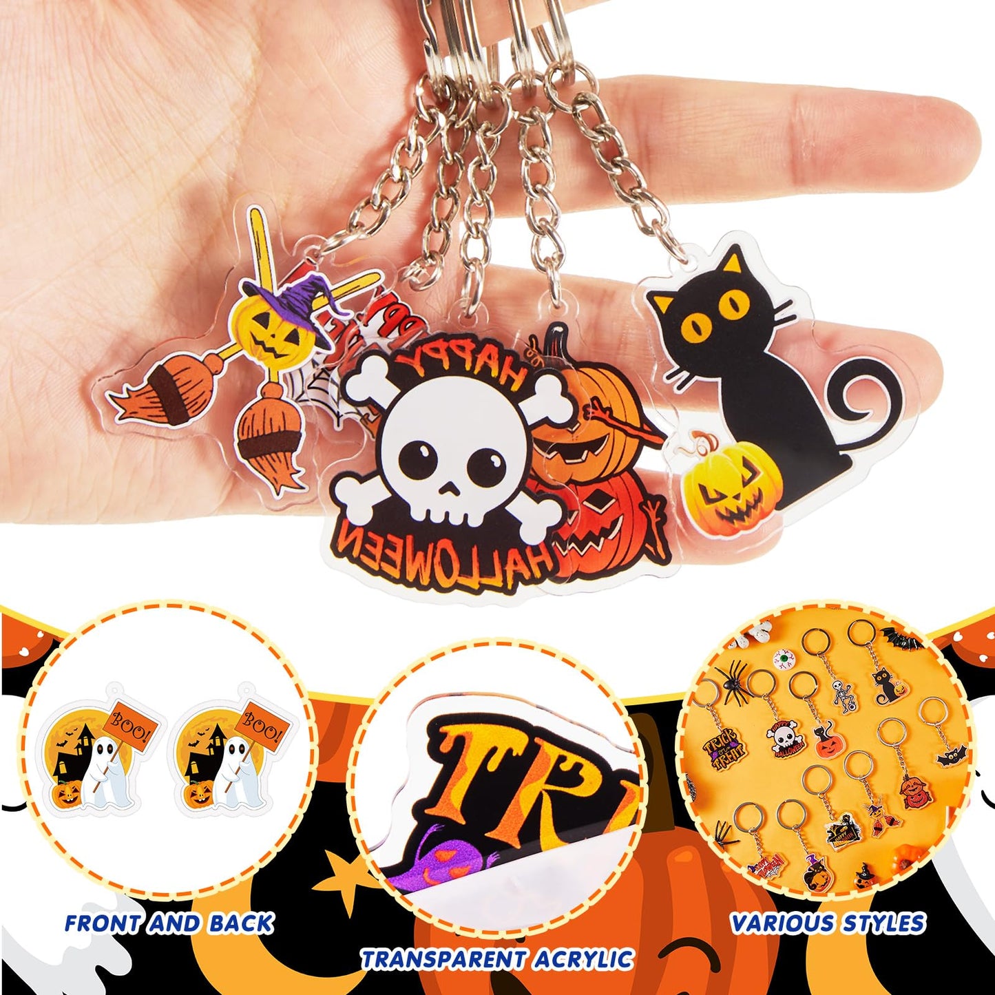 Kigeli 60 Pcs Halloween Keychain Party Favors Horror Keychain Bulk Ghost Bat Cat Pumpkin Skeletons Keychain Halloween Hanging Ke