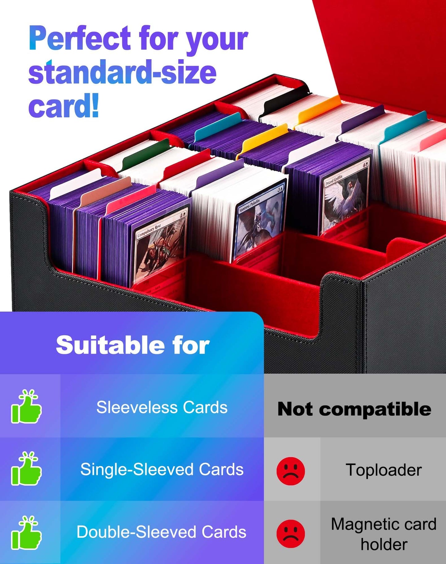 Uaono Card Storage Box For Trading Cards, 2400+ Mtg Commander Deck Box With 24Pcs Colorful Divider, Card Case Fits For Magic Tcg Ptcg Game Cards (Black&Red)