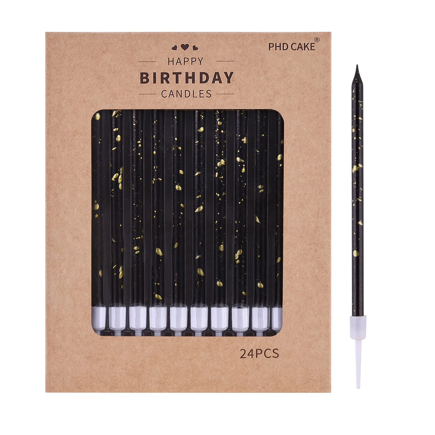 PHD CAKE 24-Count Black Gold Long Thin Birthday Candles, Cake Candles, Birthday Parties, Wedding Decorations, Party Candles, Uns