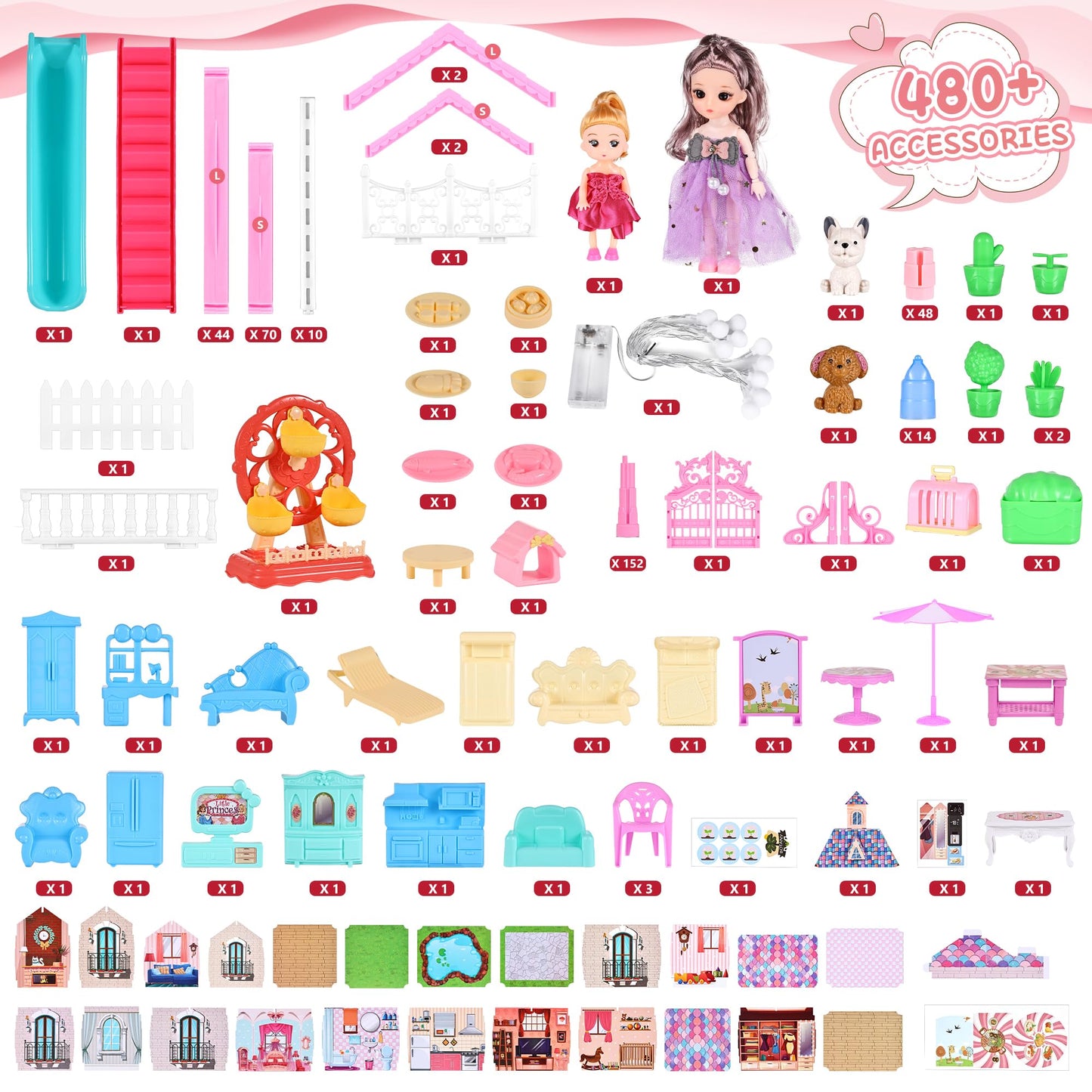 13 Rooms Doll House for Girls, DIY Play House Toys with Dolls Figure, Puppies,Furnitures, Glow-in-The-Dark Accessories, LED Ligh