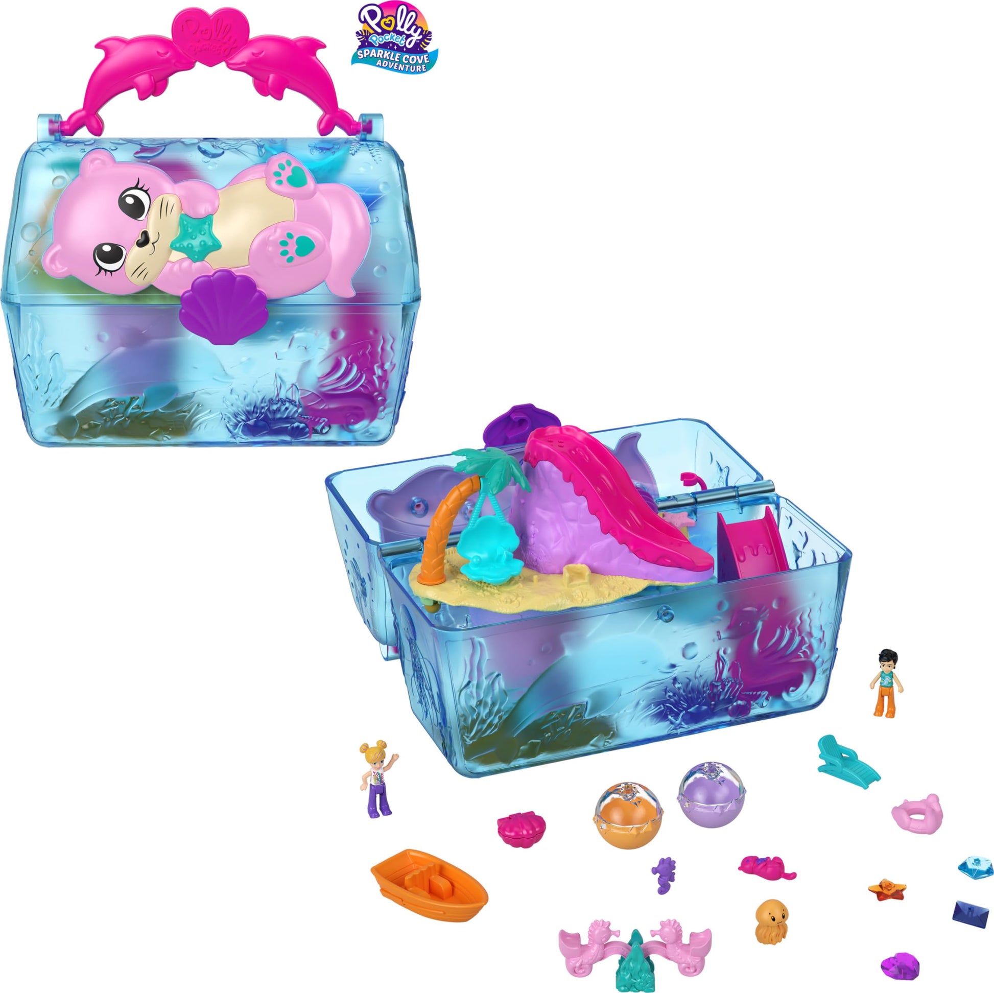 Polly Pocket Playset with 2 Dolls, Surprise Accessories & Water Play, Sparkle Cove Adventure Treasure Chest Animal Toy