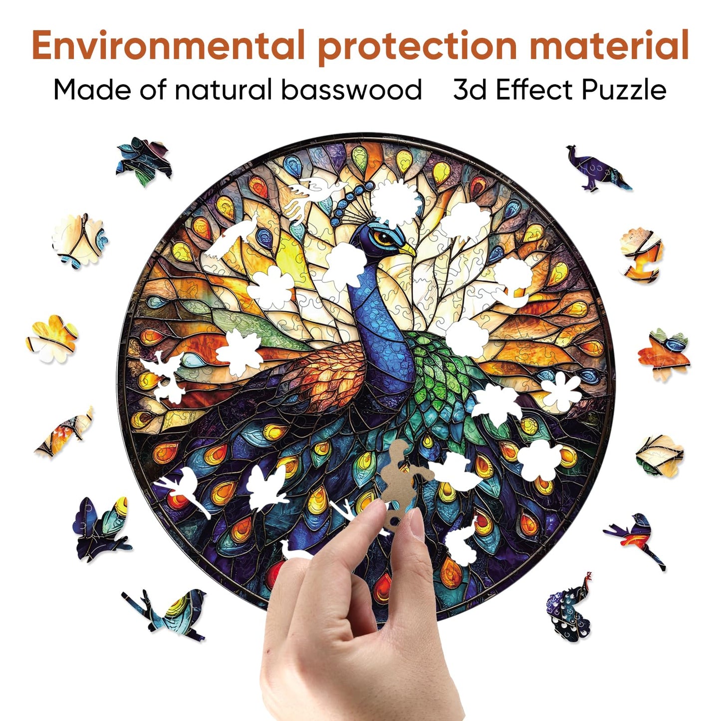 Qiuenisray Wooden Puzzles for mature-themeds  Stained Glass Peacock Jigsaw Puzzles  200 Pieces Unique Shape mature-themed Puzzles  Irregular Christmas Thanksgiving Gifts for Family Friend (11.2 x 11.2 in)