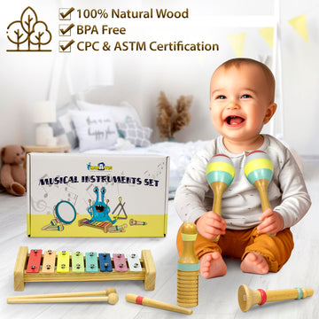 Miniartis Baby Musical Instruments - Montessori Musical Toys For Toddlers 1-3 | Neutral Colors Wooden Percussion Set | Modern Boho Xylophone For Kids With 15 Songbook, Preschool Educational Toys