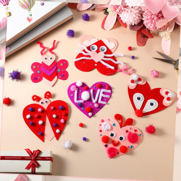 436 Pieces Valentines Day Felt Heart Craft Kit Assorted DIY Heart Ornaments Decorations with Pom-poms Cleaners Googly Eyes Gem