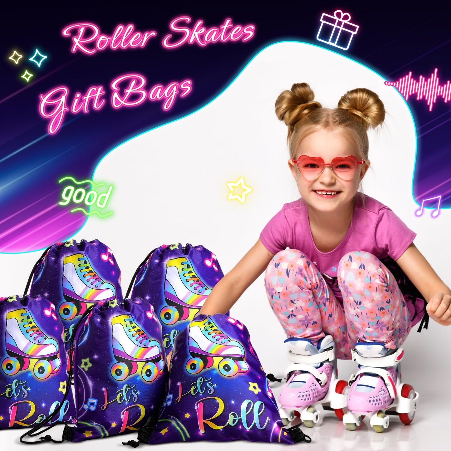Censen 24 Pcs Roller Skate Party Favor Drawstring Bags Bulk 12 x 10 Inches Skating Goodie Treat Gift Bag for Girl Boy Birthday P
