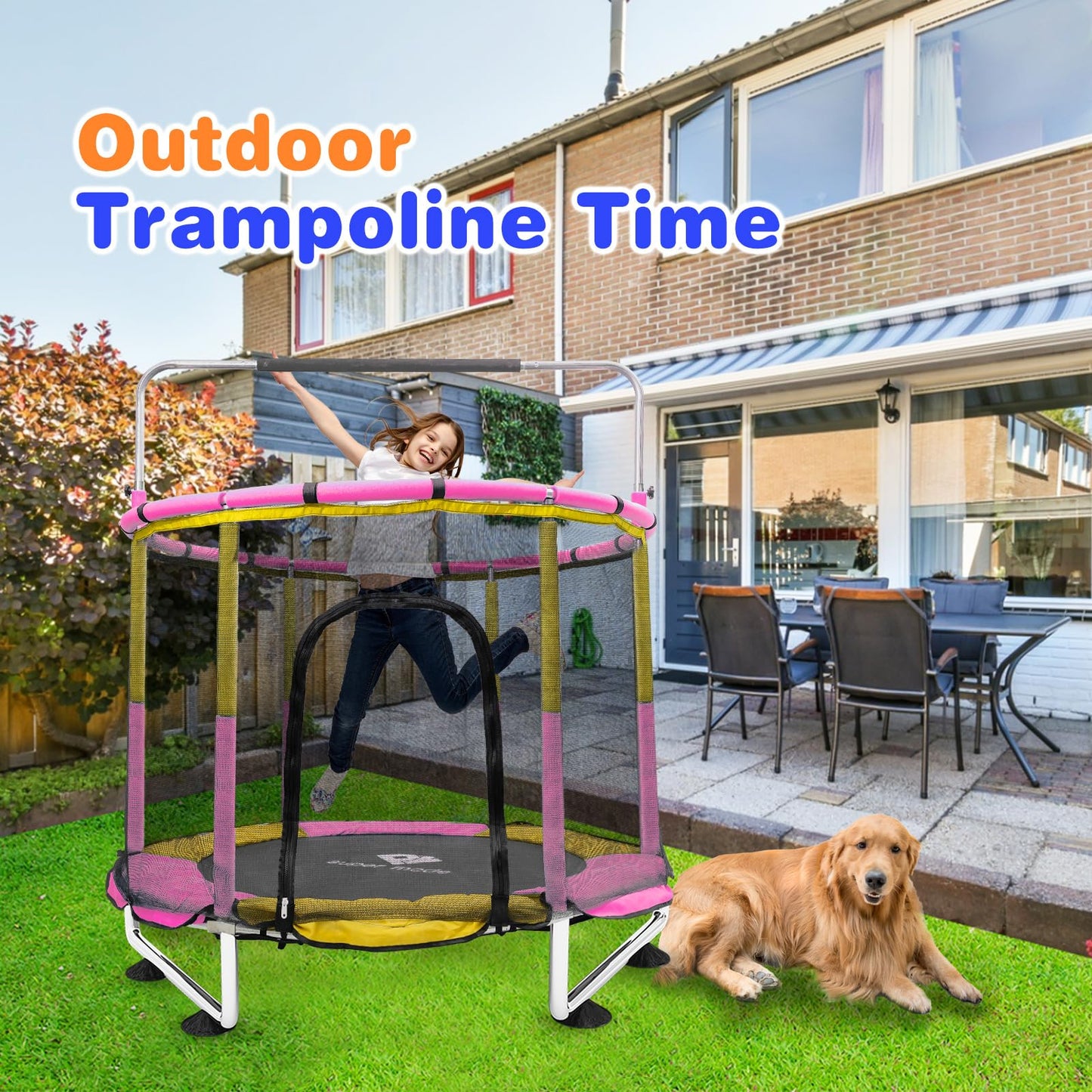 Trampoline For Kids, 5Ft Adjustable For Toddler, Indoor/Outdoor Baby Trampoline With Enclosure Net, No-Gap Safe Design, Gifts Fo