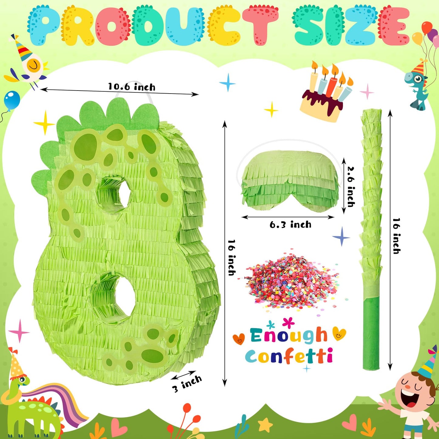 Poen 16 Inch Dinosaur Piata - Number Piata for Boys Birthday Party Supplies with Bat and Eye Mask for Dino Decorations, Animal T