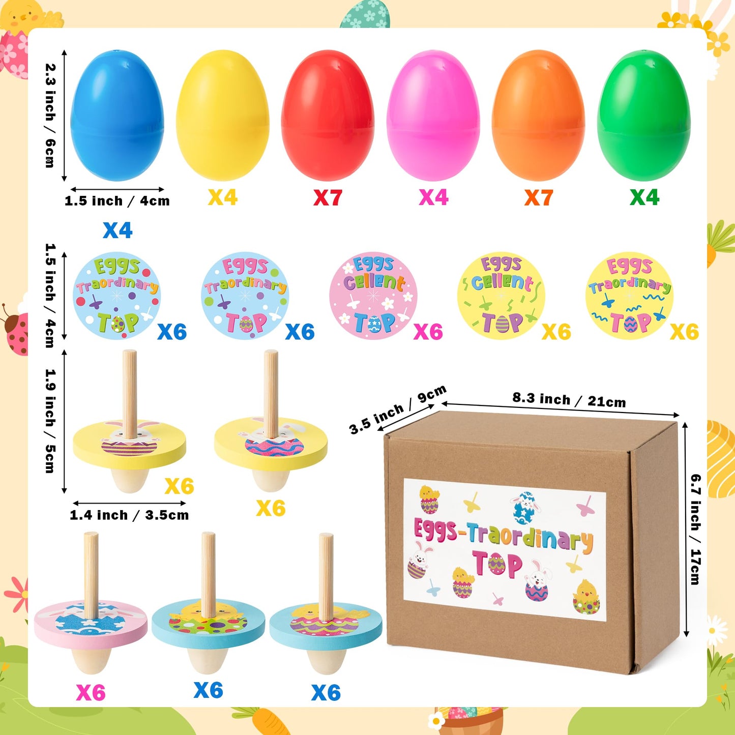 Beyumi Easter Wooden Spinning Tops - 30Pcs Plastic Colorful Easter Eggs Filled With Wooden Spinning Tops Present For Egg Hunt Ba