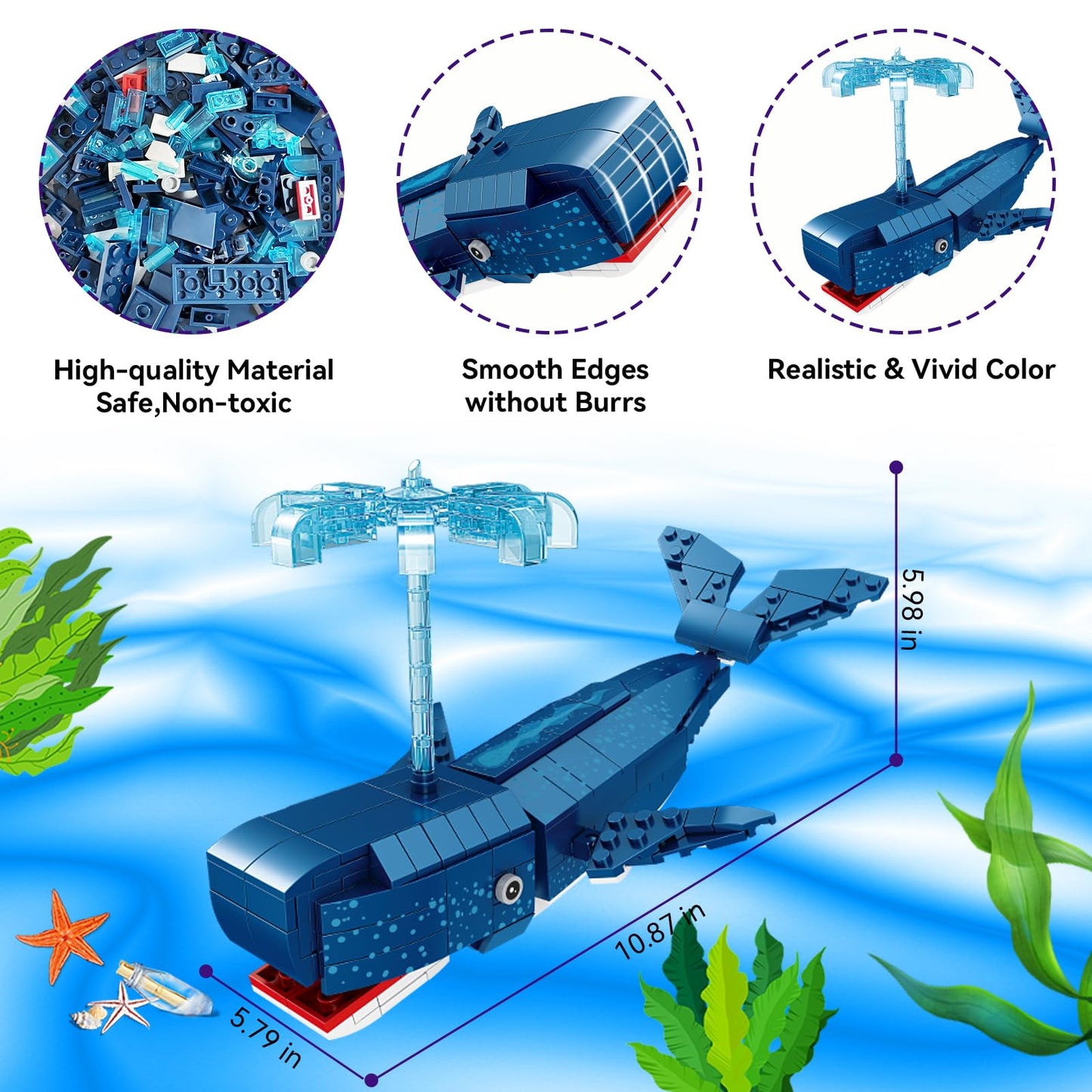 Kazi Whale Toys Building Set,Deep Sea Creatures Building Blocks,Ocean Animal Toy For Kids Ages 6 7 8 9 10 Plus,Blue Whale Sea An