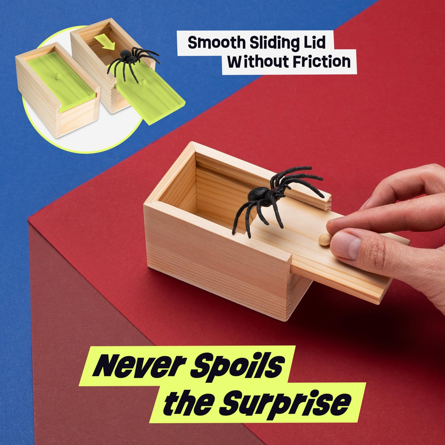 Funfamz Mini Spider Prank Box - Surprise Wooden Gag Gift, Perfect For Birthday, April Fools Day, Harmless Joke With Rubber Spider, Startling & Reusable Prank Kit