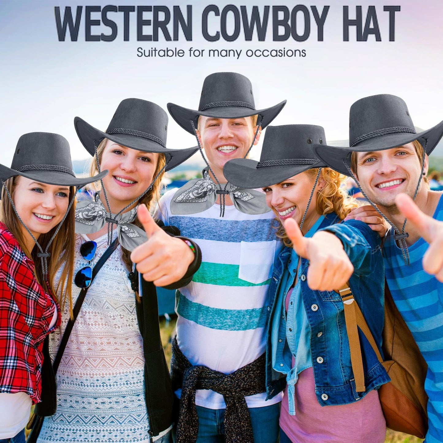 Zhanmai 12 Pcs Cowboy Hat and Bandana Cowboy Cowgirl Hats Bulk Western Party Costume Halloween Accessory(Grey,Polyester)
