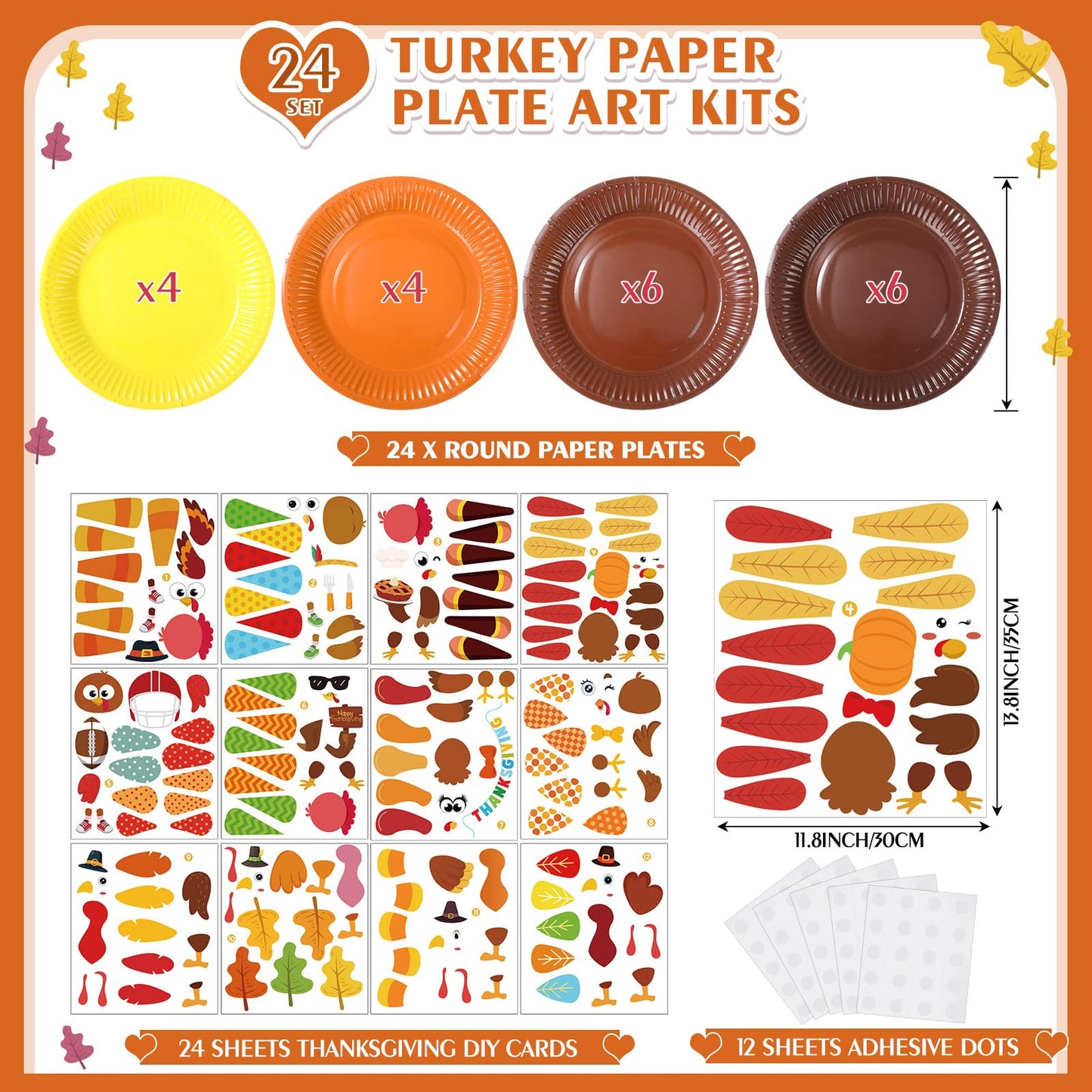 Funnymoom 24 Sets Thanksgiving Turkey Craft Kit for Kids, Thanksgiving DIY Plate Craft Make a Turkey Arts Fall DIY Plate Kit for