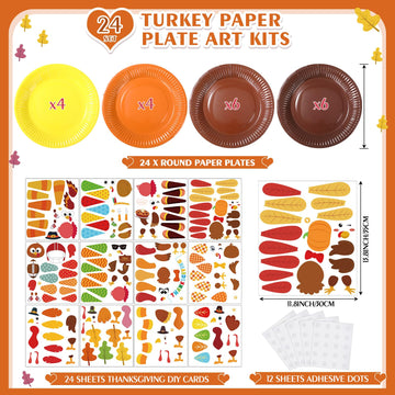 Funnymoom 24 Sets Thanksgiving Turkey Craft Kit for Kids, Thanksgiving DIY Plate Craft Make a Turkey Arts Fall DIY Plate Kit for