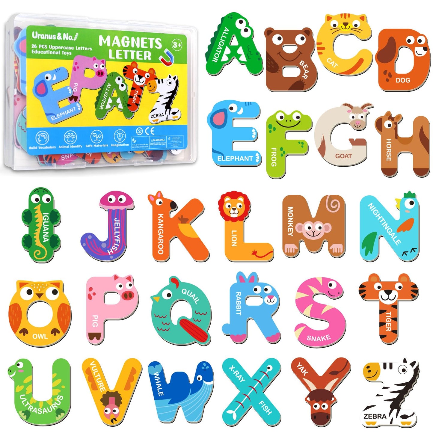 Magnetic Letters, Fridge Alphabet Magnets Abc For Toddlers 1-3, 26 Pcs Cute Animal Uppercase Refrigerator Toys, Preschool Spelli