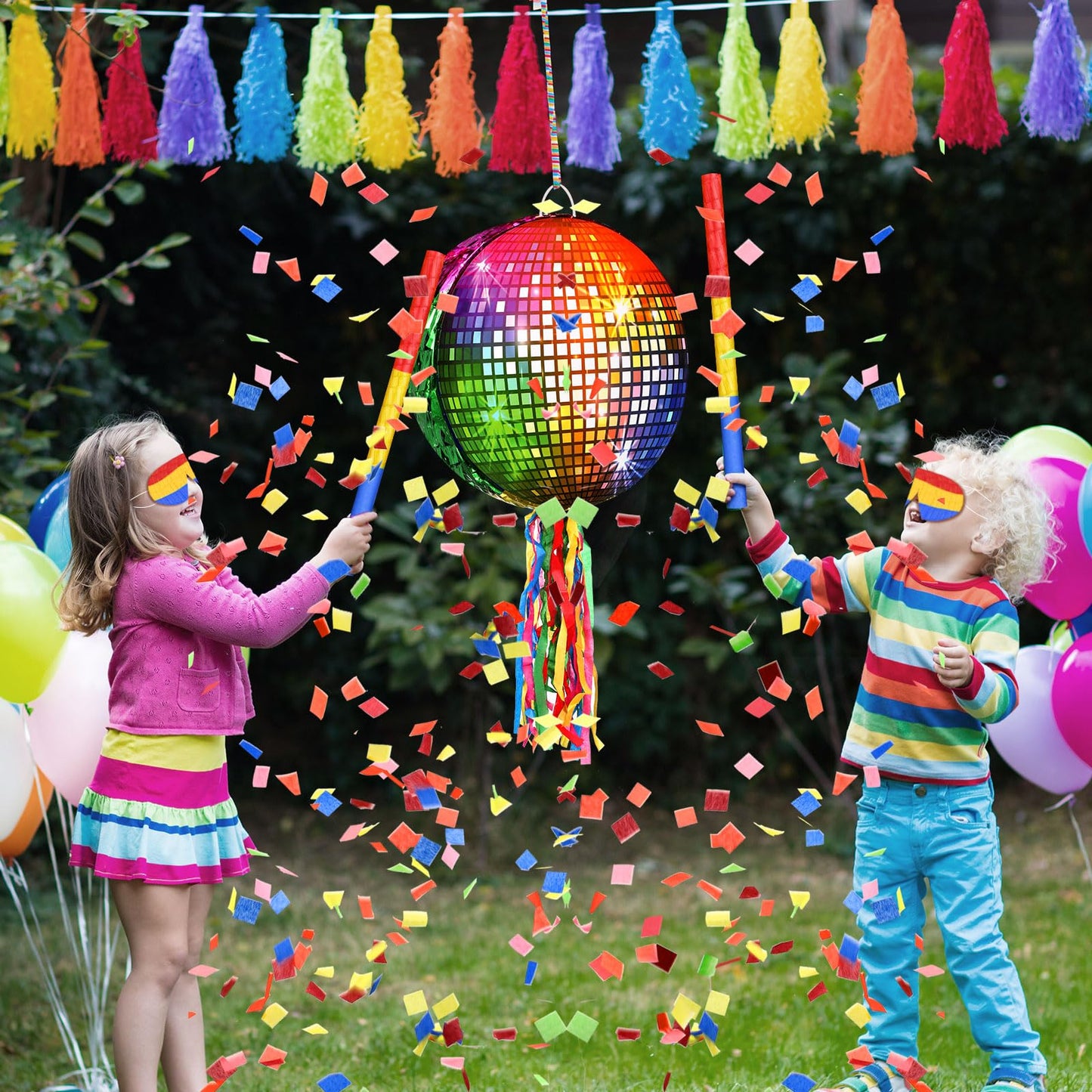 Aoriher Disco Party Pinata - Roller Skating Design, Rainbow Cardboard, Includes Blindfold, Stick, Confetti for 80s 90s Themed Events
