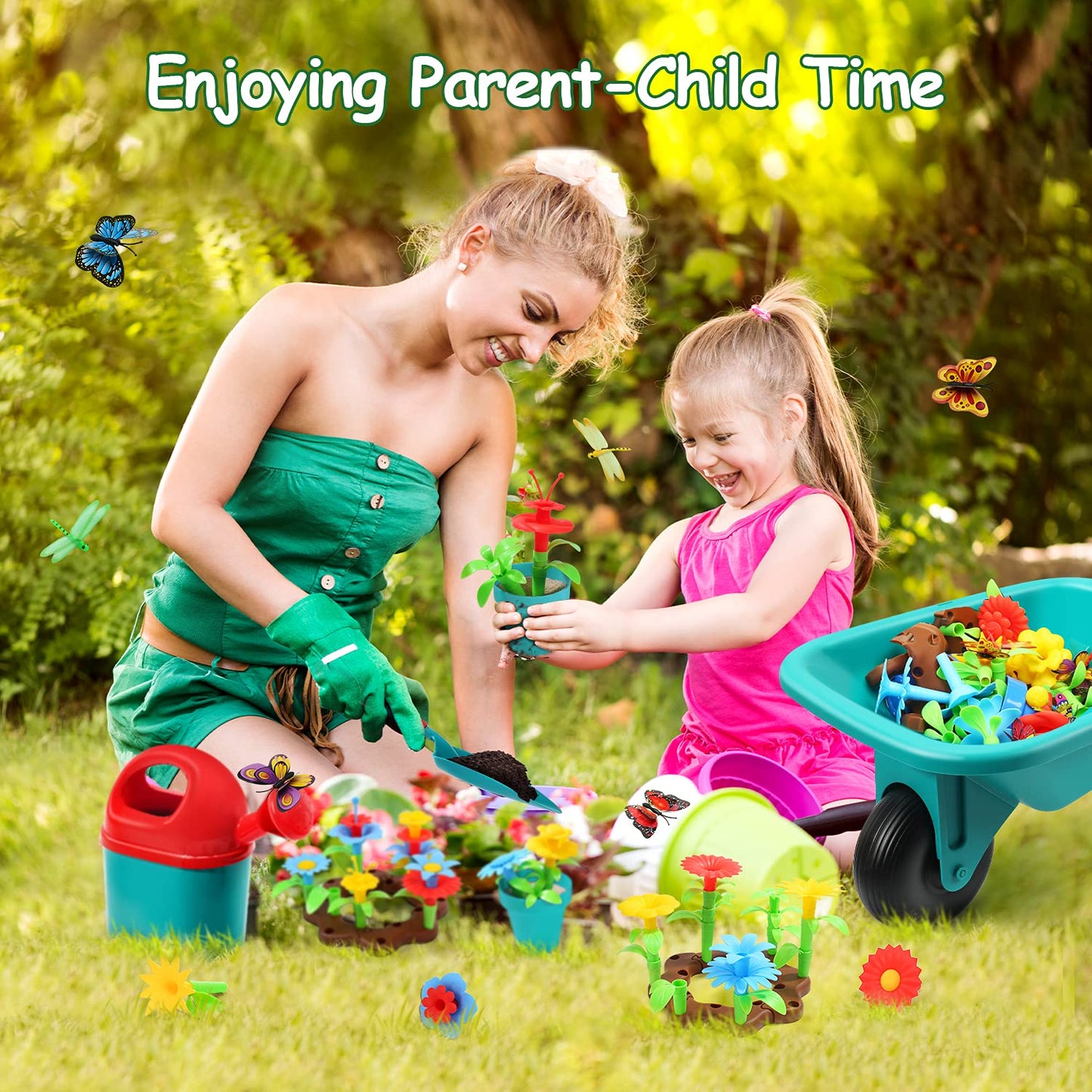 Cute Stone Kids Gardening Tool Set, Garden Toys With Wheelbarrow, Watering Can, Shovel, Flower Garden Building Toy, Pretend Play Outdoor Indoor Toy, Activities Stem Toy Gifts For Boys Girls