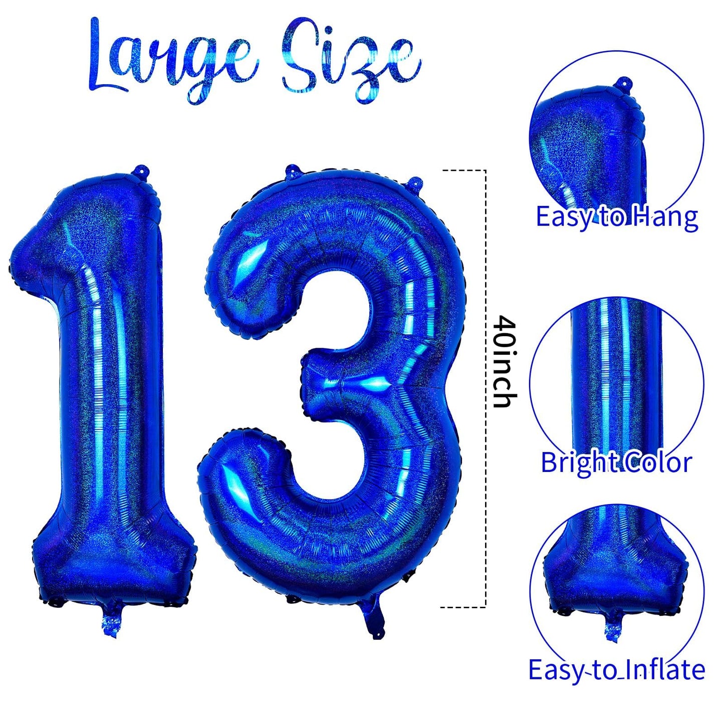 Number 13 Balloon 40 Inch, Dark Blue Big Number Balloon, Giant Foil 13 Balloons Number, Laser Blue Helium Birthday Balloons For
