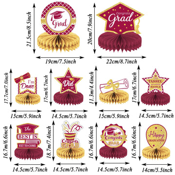 10Pcs Class Of 2023 Graduation Party Decorations 2023 Congrats Grad Honeycomb Centerpieces Congratulate Graduation Table Toppers For Graduation Party Favor Supplies(Maroon)
