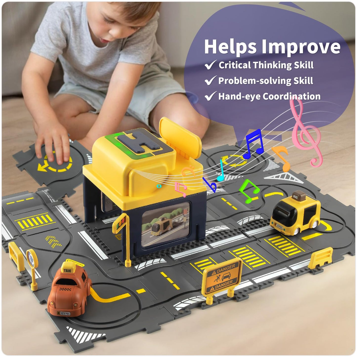 YOOYID Puzzle Track Car Play Set with Light and Music Bus Station and 2 Cars, Floor Puzzles for Kids Ages 3-5, Gift for 3 4 5 Ye