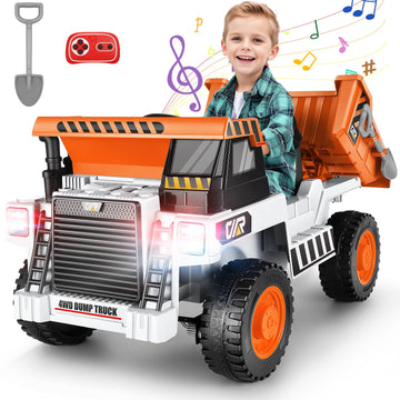 Hikole Ride On Dump Truck With Remote Control, 12V 4Wd Power Car Wheel With Dump Bed, Shovel, Bluetooth, Music Player, Ride On C