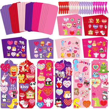 JUNEBRUSHS 30 Pack Valentines Crafts for Kids, Valentines Day Bookmarks Craft Kits with Assorted Hearts Animal Stickers for Kid