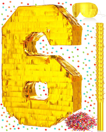 Sratte Number Piñata Birthday Piñata Decorations Gold Foil Piñata With Stick Blindfold Confetti For Boy Girl Birthday Party Decorations Anniversary Celebrations Fiesta Supplies(Number 6)