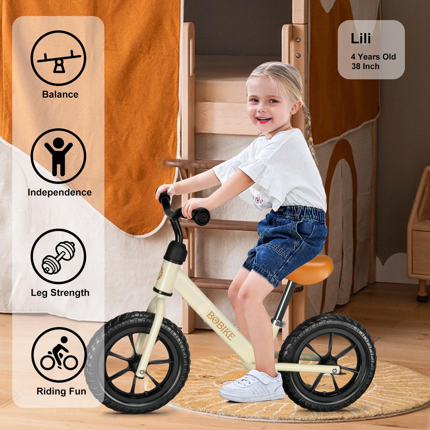 Bobike Toddler Balance Bike Toys For 2 To 5 Year Old Girls Boys Adjustable Seat And Handlebar No-Pedal Training Bike Best Gifts For Kids (White)