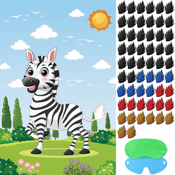 Hxezoc Pin The Tail On The Zebra With 56 Pcs Tails Stickers, Large Zebra Party Games Poster For Kids Animal Birthday Party School Classroom Carnival Party Supplies