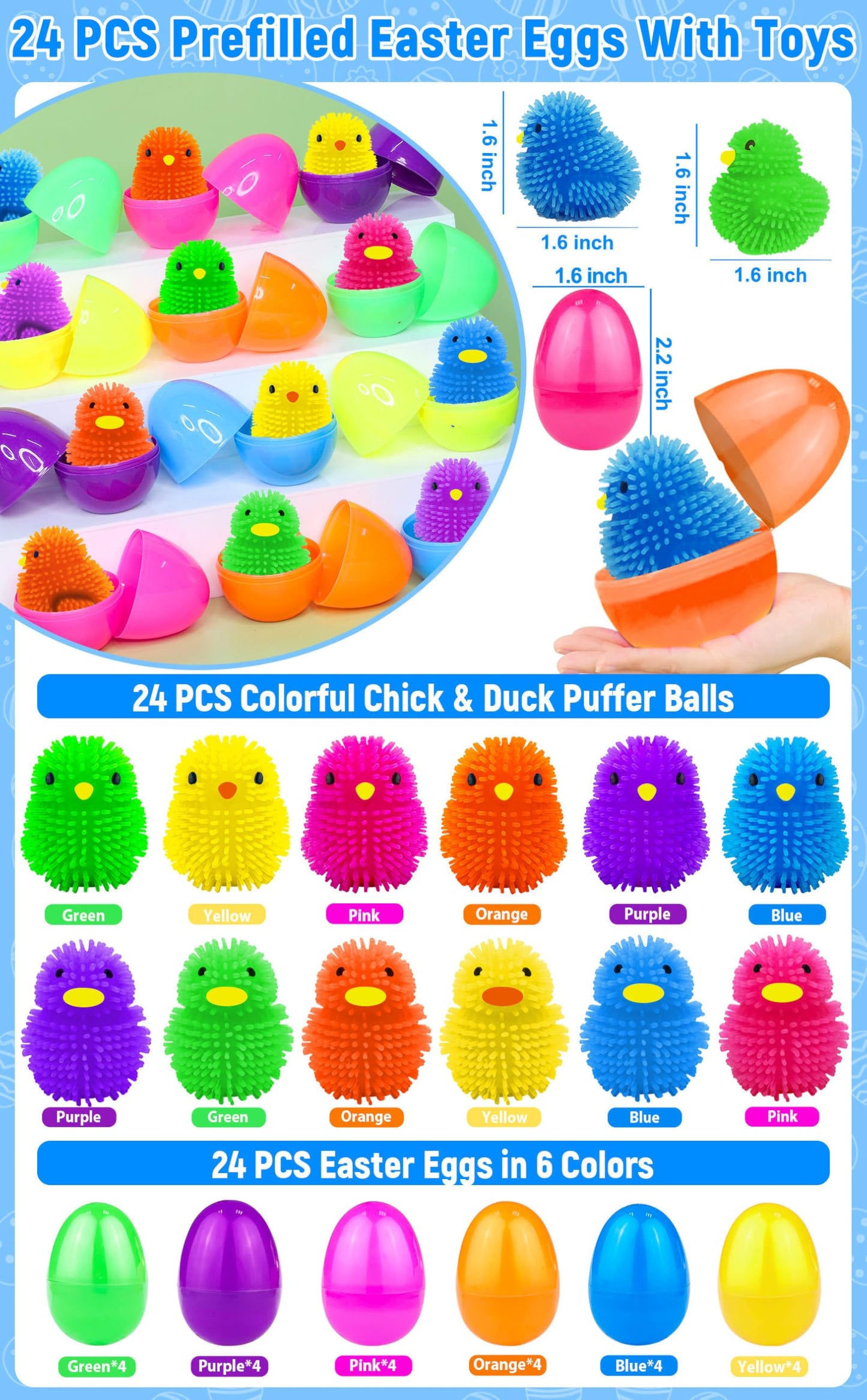 AMENON 24 Pack Easter Basket Stuffers Chick Duck LED Puffer Balls Easter Eggs Filled Light Up Squeeze Sensory Ball Stress Relief