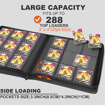 KarlyPro 3x4 loader Binder Holds 324 Storage 9-Pocket enhanced Zip Side Loader Album Collection Binder for Sports Baseball or Other Trading Cards in 3 x 4 Plastic Sleeves (Midnight Black)