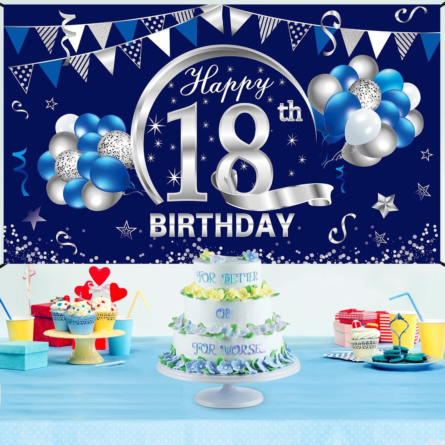 Blue Silver 18Th Birthday Banner Decorations For Men Boy - Happy 18 Birthday Backdrop Party Supplies - Eighteen Birthday Poster