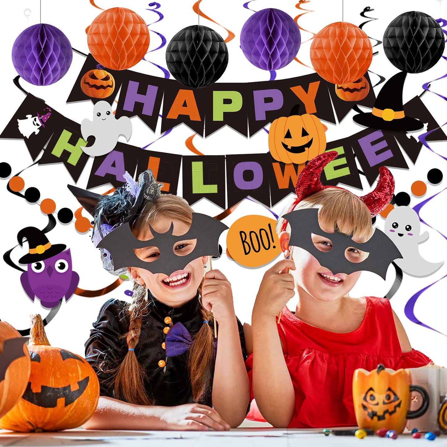 meowtastic Happy Halloween Banner Decorations - Halloween Banner with Honeycomb Ball, Halloween Hanging Swirl Streamer, Circle D