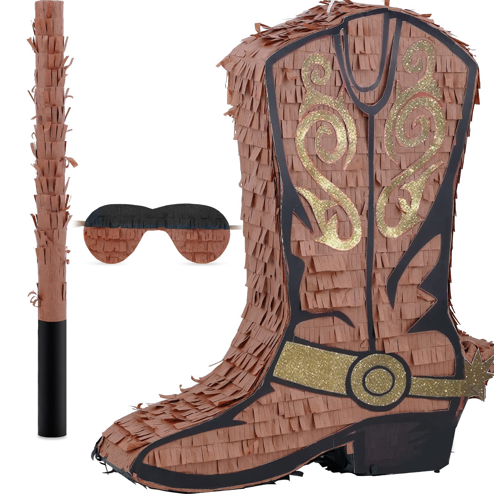 Deekin 3 Pcs Cowboy Boot Piata Set Cute Western Piata with Stick Eye Mask Large Piata for Kids School Sports Bridal Shower Birth