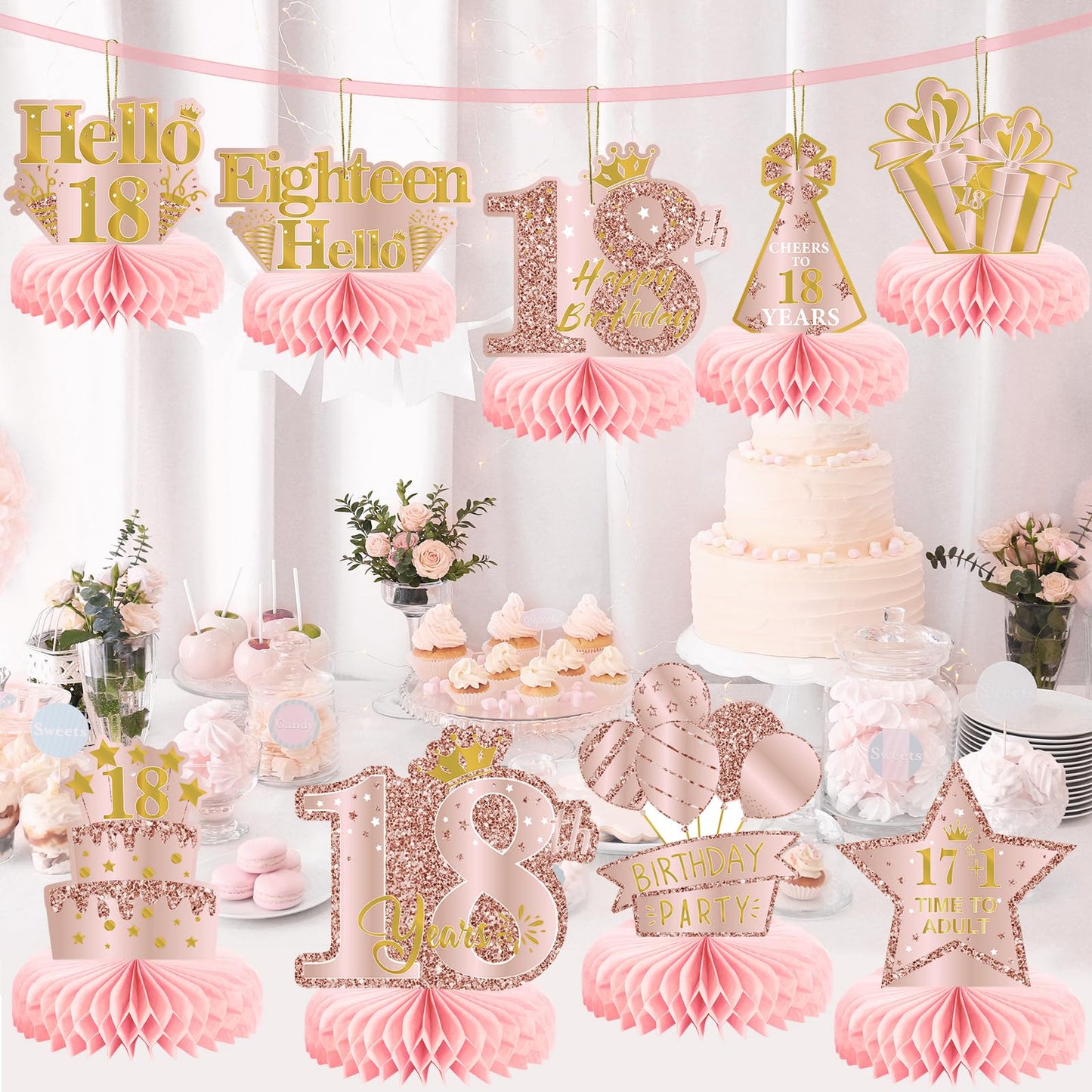 9Pcs 18Th Birthday Decorations Pink Rose Gold Honeycomb Centerpieces For Girls,Happy 18Th Birthday Table Centerpieces Party Supp