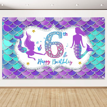 Eiurteao Mermaid 6Th Birthday Banner Decorations For Girls, Little Mermaid Themed Happy 6 Birthday Background Sign Party Supplie