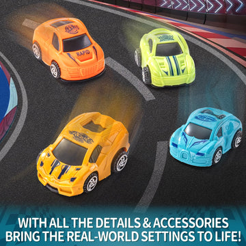 SeventhDuck Mini Cars 26PCS, Pull Back Racing Toy Car Set, Racing Toy Vehicles Mini City Cars with Roadblocks and Characters, Pa